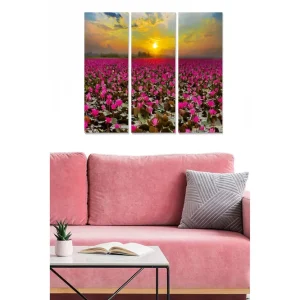 Rea Canvastavla i trä 3-delar 50x70 cm - Fält av rosa näckrosor under en solnedgång Rosa / Grön / Gul - Inredning