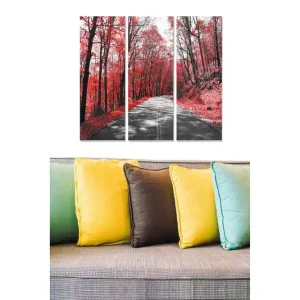 Beställ idag Canvastavla i trä 3-delar 50x70 cm - Vacker höstskog med röda löv och en väg som leder genom träden Röd / Svart / Grå - Inredning