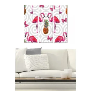 Snabb frakt Canvastavla i trä 3-delar 50x70 cm - Färgglada flamingos med ananas och fjärilar Rosa / Grön / Gul - Inredning