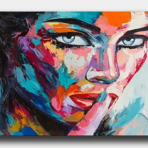 Beställ idag Canvastavla 70x100 cm - Kvinna med en mystisk blick som håller ett finger mot läpparna i en tyst gest Blå / Röd / Orange - Inredning