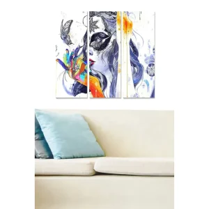 Sänkt pris Canvastavla i trä 3-delar 50x70 cm - Färgrik kvinna med fjärilar och abstrakta mönster Blå / Orange / Svart - Inredning