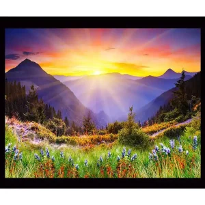 Inramad Canvastavla i trä - 41x56 cm - Storslagen soluppgång över berg och dalar Guld / Lila / Grön - Inredning Rea