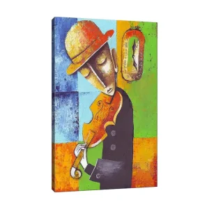Kundfavorit Canvastavla 70x100 cm - Musiker som spelar fiol, klädd i svart med en gul hatt, omgiven av färgglada geometriska former Orange / Grön / Blå - Inredning