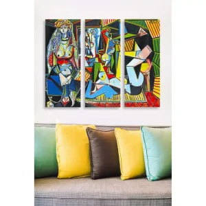 Köp nu Canvastavla i trä 3-delar 50x70 cm - Abstrakt komposition med figurer och geometriska former Blå / Röd / Grön - Inredning