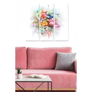 Billig Canvastavla i trä 3-delar 50x70 cm - Färgrik komposition av blommor i abstrakt stil Rosa / Gult / Blått - Inredning