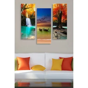 Canvastavla i trä 3-delar 50x70 cm - Vacker landskapsvy med fallande vatten och färgglada höstträd Turkos / Orange / Röd - Inredning Sista chansen