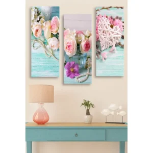 Nedsatt pris Canvastavla i trä 3-delar 50x70 cm - Färgrik bukett av rosor och blommor i en glasvas Rosa / Grön / Vit - Inredning