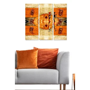 Canvastavla i trä 3-delar 50x70 cm - Abstrakt komposition med stiliserade figurer och geometriska mönster Orange / Svart / Beige - Inredning Reapris