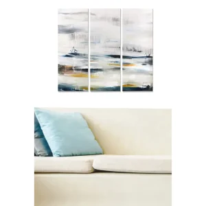 Canvastavla i trä 3-delar 50x70 cm - Abstrakt landskap med mjuka färgövergångar Grå / Vit / Blå - Inredning Billigare
