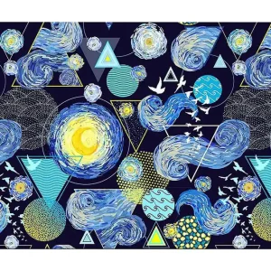 Canvastavla 70x100 cm - Färgstark och dynamisk tolkning av natthimlen med snurrande galaxer och geometriska former Blå / Gul / Vit - Inredning Begränsad tid
