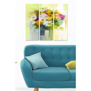 Canvastavla i trä 3-delar 50x70 cm - Färgrik bukett av blommor i en vas Gult / Grönt / Vitt - Inredning Bästa pris