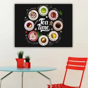 Begränsat antal Canvastavla 70x100 cm - Samling av olika te- och kaffedrycker presenterade i skålar med dekorationer Röd / Vit / Grön - Inredning