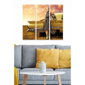 Canvastavla i trä 3-delar 50x70 cm - Vintage kvinna vid en klassisk bil Gul / Beige / Brun - Inredning I lager