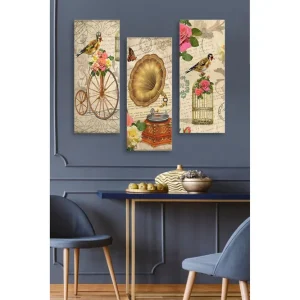 Säker betalning Canvastavla i trä 3-delar 50x70 cm - Vintage komposition med fåglar, blommor och gramofon Guld / Rosa / Grön - Inredning