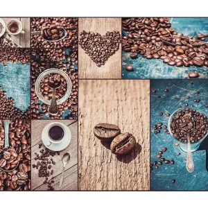 Canvastavla 70x100 cm - Collage av kaffebönor och kaffekoppar som framhäver kaffets olika aspekter och presentationer Mörkbrun / Beige / Turkos - Inredning Fynd