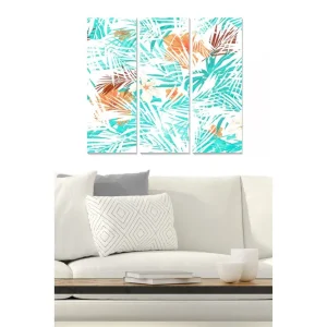 Beställ idag Canvastavla i trä 3-delar 50x70 cm - Tropisk palmkomposition med ljusa färger Turkos / Orange / Vit - Inredning