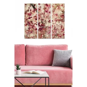 Outlet Canvastavla i trä 3-delar 50x70 cm - Abstrakt komposition med blommor och växtlighet Rosa / Beige / Grön - Inredning