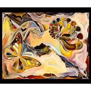 Inramad Canvastavla i trä - 41x56 cm - Färgglad fjäril i en abstrakt komposition med snäckformade element Guld / Orange / Brun - Inredning Bästa pris
