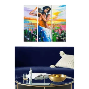 Endast denna vecka Canvastavla i trä 3-delar 50x70 cm - Kvinnlig figur med en kruka i en färgglad landskapsbakgrund Grön / Rosa / Orange - Inredning