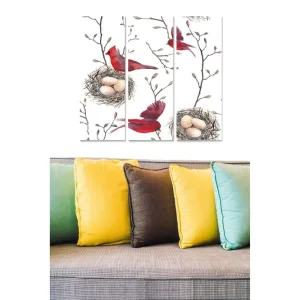 Nedsatt pris Canvastavla i trä 3-delar 50x70 cm - Röd fågel i en gren med ägg i boet Röd / Beige / Grön - Inredning