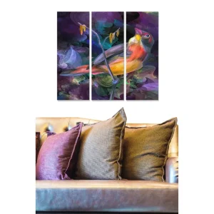 Rea Canvastavla i trä 3-delar 50x70 cm - Färgglad fågel på en gren med abstrakt bakgrund Lila / Orange / Grön - Inredning