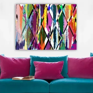 Canvastavla 70x100 cm - Abstrakt konst med färgglada geometriska mönster Lila / Grön / Orange - Inredning Kampanjpris