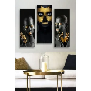 Rea Canvastavla i trä 3-delar 50x70 cm - Tredelad porträttkomposition med ansikten i svart och guld Svart / Guld - Inredning