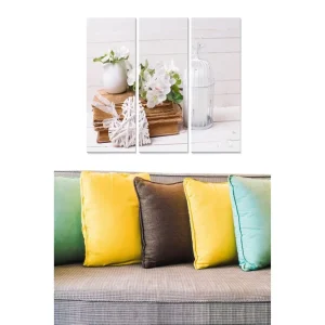 Canvastavla i trä 3-delar 50x70 cm - Vacker stillhet med blommor i en vas och böcker i en harmonisk komposition Vit / Beige / Grön - Inredning Rabatter