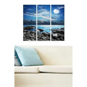 Canvastavla i trä 3-delar 50x70 cm - Stämningsfull havsutsikt med måne och klippor Blå / Grå / Vit - Inredning Populär