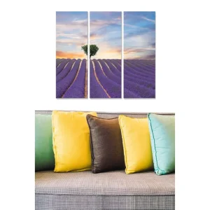 Canvastavla i trä 3-delar 50x70 cm - Lavendelfält under en solnedgång med en ensam trädkontur Lila / Grön / Orange - Inredning Endast idag