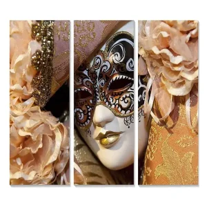 Kundfavorit Canvastavla i trä 3-delar 50x70 cm - Maskeradmask med eleganta detaljer och blommor i mjuka nyanser Ljusrosa / Guld / Vit - Inredning