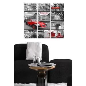 Canvastavla i trä 3-delar 50x70 cm - Röd bil i en svartvit stadsbild av Paris Röd / Svart / Grå - Inredning Kundfavorit