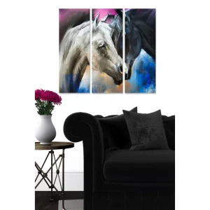 Trygg betalning Canvastavla i trä 3-delar 50x70 cm - Två hästars ansikten i en dynamisk komposition Svart / Vit / Blå - Inredning