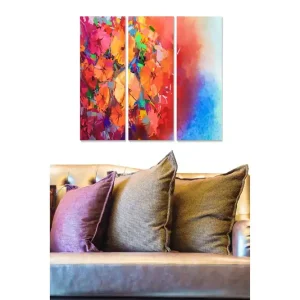 Snabb frakt Canvastavla i trä 3-delar 50x70 cm - Färgrik abstrakt komposition med blommor och geometriska former Röd / Orange / Blå - Inredning