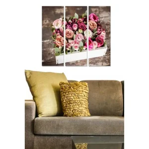 Snabb frakt Canvastavla i trä 3-delar 50x70 cm - Färgrik bukett av rosor i en vit låda Rosa / Grön / Beige - Inredning