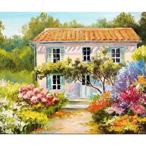 Canvastavla 70x100 cm - Charmig villa omgiven av blomstrande trädgårdar Grön / Rosa / Blå - Inredning Fynd
