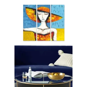 Populär Canvastavla i trä 3-delar 50x70 cm - Stiliserad kvinna med stor hatt i färgglad komposition Blå / Orange / Gul - Inredning