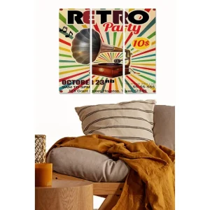 Canvastavla i trä 3-delar 50x70 cm - Retro affisch med en grammofon och färgglada strålar Gul / Röd / Grön - Inredning Nyhet