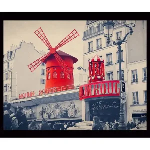 Billigare Inramad Canvastavla i trä - 41x56 cm - Röd vindmöll med neonljus vid Moulin Rouge Röd / Svart / Grå - Inredning