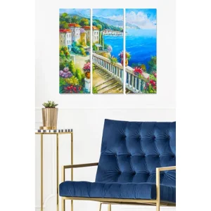 Canvastavla i trä 3-delar 50x70 cm - Vacker kustutsikt med färgglada hus och blomsterarrangemang Blå / Grön / Röd - Inredning Outlet