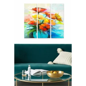 Canvastavla i trä 3-delar 50x70 cm - Färgrik bukett av blommor i livliga nyanser Röd / Gul / Grön - Inredning Rea