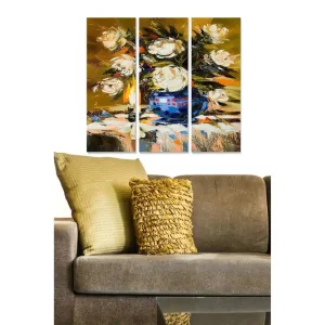 Sänkt pris Canvastavla i trä 3-delar 50x70 cm - Färgrik bukett av rosor i en blå vas Vit / Blå / Guld - Inredning