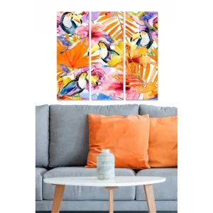 Köp online Canvastavla i trä 3-delar 50x70 cm - Färgglad tropisk komposition med tukaner och blommor Orange / Grön / Rosa - Inredning