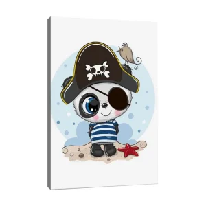 Canvastavla 70x100 cm - Söt panda klädd som pirat med ögonlapp och pirathatt Blå / Svart / Vit - Inredning Nyhet