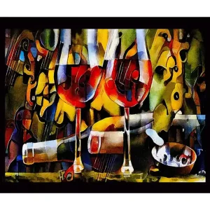 Inramad Canvastavla i trä - 41x56 cm - Två vinglas med röd vin och en flaska i en livlig komposition Röd / Gul / Grön - Inredning Begränsad tid