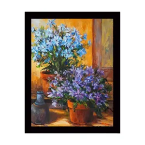 Inramad Canvastavla i trä - 41x56 cm - Färgrik bukett av blommor i krukor Blå / Lila / Grön - Inredning Lägg i varukorgen