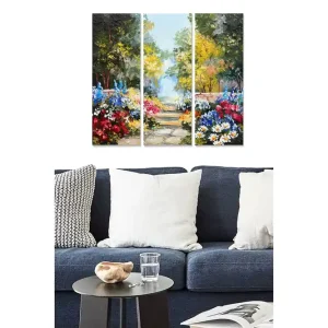 Canvastavla i trä 3-delar 50x70 cm - Vacker trädgård med färgglada blommor och en stenlagd gång Grön / Blå / Röd - Inredning Endast idag