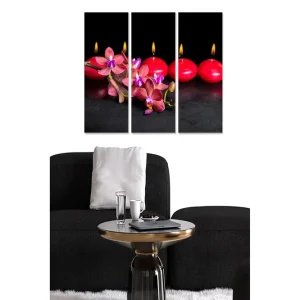 Canvastavla i trä 3-delar 50x70 cm - Vacker komposition av rosa orkidéer och röda ljus Rosa / Röd / Svart - Inredning Lågt pris