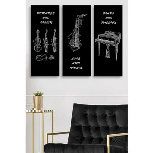Canvastavla i trä 3-delar 50x70 cm - Musikinstrument i skissartad stil Svart / Vit - Inredning Endast denna vecka