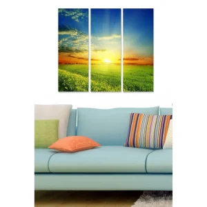 Canvastavla i trä 3-delar 50x70 cm - Solnedgång över en grön äng Grön / Blå / Orange - Inredning Fynd